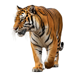Naklejka premium Realistic tiger with strong body walking forward from side view, majestic wild animal isolated on white background in high-resolution 4K detail.