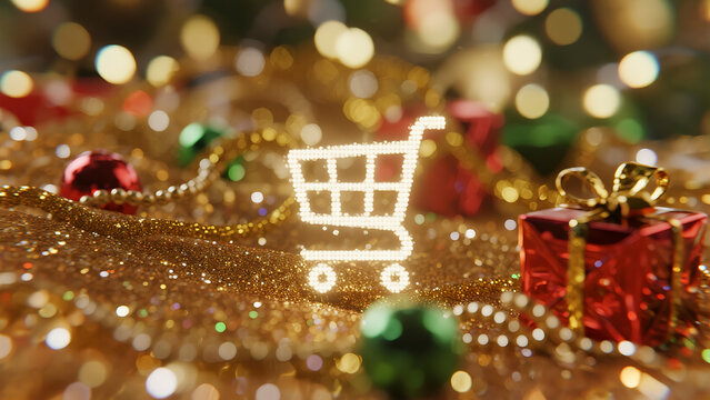 An abstract, blurred background of festive bokeh lights and digital shopping icons