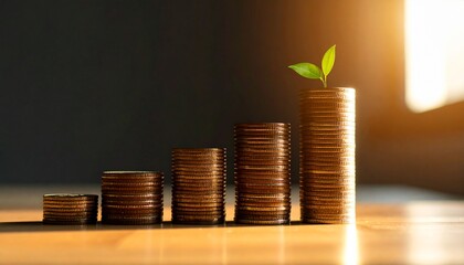 Progressive stacks of shiny coins with a vibrant green sprout emerging, illustrating the powerful concept of financial growth, smart investment, and sustainable wealth building