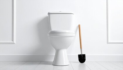 Pristine white ceramic toilet and cleaning brush in a bright, modern restroom interior design concept for hygiene and sanitation