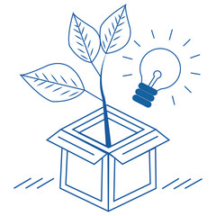 Eco innovation concept with plant growing from box and light bulb idea