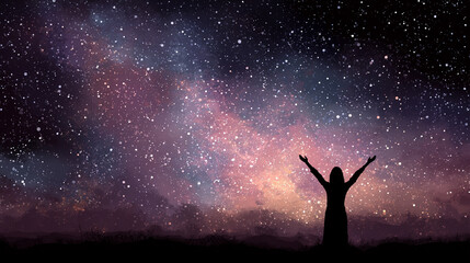 Silhouette of a slender woman with arms raised under a vast starry night sky, symbolizing spiritual connection, inner peace, and wonder. A serene, contemplative scene emphasizing harmony with the univ