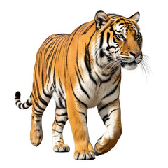 Fototapeta premium Realistic tiger with strong body walking forward from side view, majestic wild animal isolated on white background in high-resolution 4K detail.