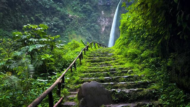 cascading waters of Sekumpul Waterfall, surrounded by lush green jungle in near Bromo in Malang, East Java, Indonesia. Ideal for nature, travel, and tropical adventure themes