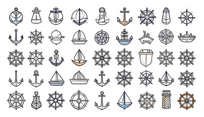 Array of nautical themed illustrations, including anchors and ships' wheels