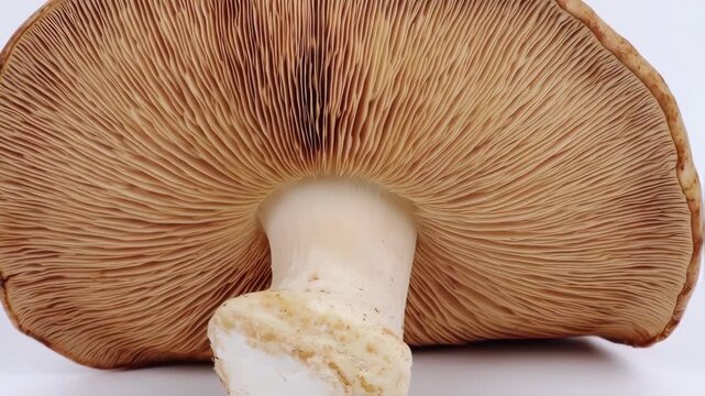 Close-up of a mushroom's cap and stem.  Detailed view of the intricate, ribbed texture of the cap's surface, transitioning to the smooth, pale stem