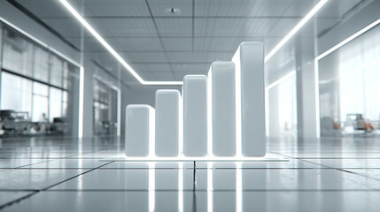 Hyperrealistic bright white background with a single glowing graph bar rising from a polished surface, symbolizing growth, success, data visualization, achievement, and futuristic business or financia