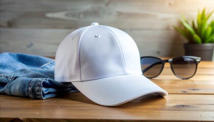 Casual white cap with sunglasses and denim jacket on wooden table. Fashion lifestyle composition in warm natural light.