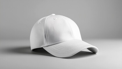 Minimal white baseball cap on neutral gray surface, perfect for branding mockup, fashion design, and apparel presentation concept.