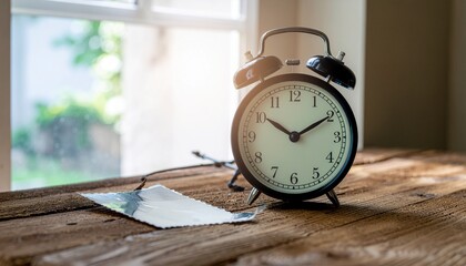 Classic alarm clock on rustic wooden table with soft sunlight from window. Symbol of time, morning routine, punctuality, and mindfulness.