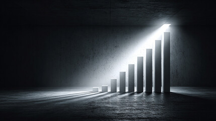 Hyperrealistic bright white background with a single glowing graph bar rising from a polished surface, symbolizing growth, success, data visualization, achievement, and futuristic business or financia