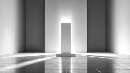 Hyperrealistic bright white background with a single glowing graph bar rising from a polished surface, symbolizing growth, success, data visualization, achievement, and futuristic business or financia