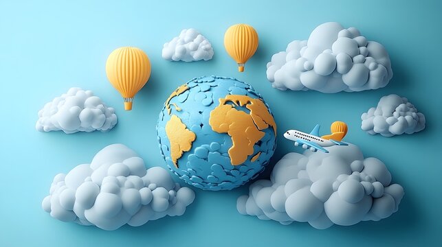 Colorful artistic representation of the Earth with balloons and airplane floating among clouds - Powered by Adobe