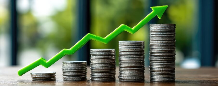 Stacked coins and upward arrow monetary momentum concept. A vibrant image showing coins stacking with a growth trend.
