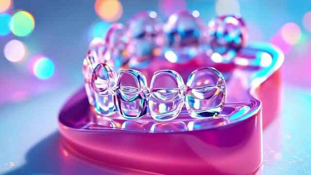 Colorful invisalign retainer on reflective surface with bokeh lights