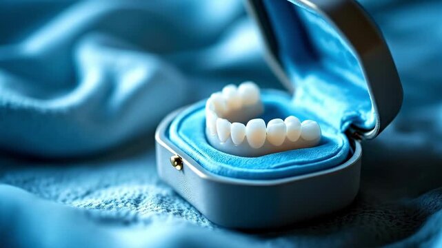 Elegant display of dental veneers in luxurious blue jewelry box on soft fabric background