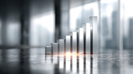 Hyperrealistic bright white background with a single glowing graph bar rising from a polished surface, symbolizing growth, success, data visualization, achievement, and futuristic business or financia