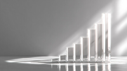 Hyperrealistic bright white background with a single glowing graph bar rising from a polished surface, symbolizing growth, success, data visualization, achievement, and futuristic business or financia