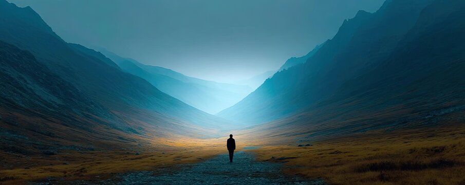 A man walking through a dark valley toward the heavenly concept. A solitary figure walking through a majestic, misty valley.