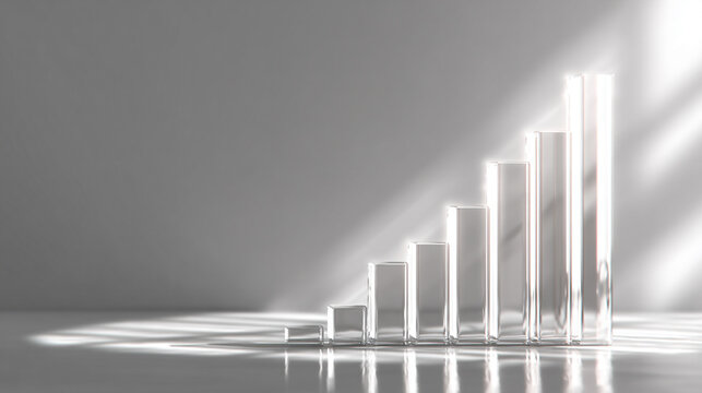 Hyperrealistic bright white background with a single glowing graph bar rising from a polished surface, symbolizing growth, success, data visualization, achievement, and futuristic business or financia - Powered by Adobe
