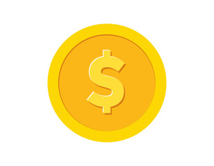 Golden US Dollar Coin Icon Vector Illustration Isolated on White Background, Business and Finance.