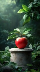 An apple on a podium in a fairytale forest, creating an enchanting atmosphere.