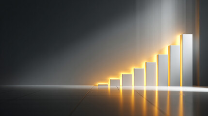 Hyperrealistic bright white background with a single glowing graph bar rising from a polished surface, symbolizing growth, success, data visualization, achievement, and futuristic business or financia