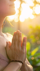 Naklejka premium Peaceful woman meditating outdoors in morning sunlight