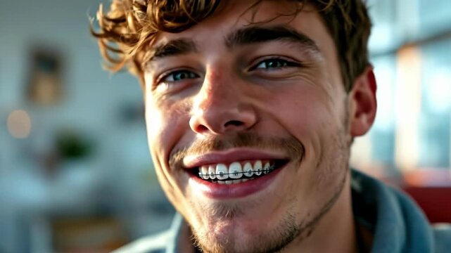 Young caucasian man smiling with braces in warm indoor light