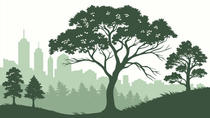 Silhouette of trees in a park with a city skyline in the background on a foggy day in a green tone