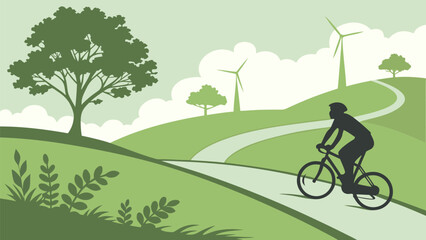 Silhouette of a cyclist riding on a path through a green landscape with trees and wind turbines in the background
