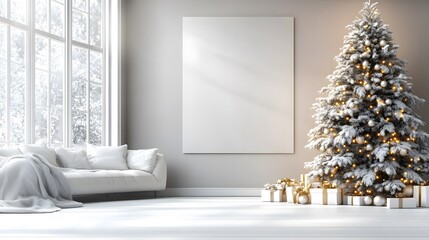 Cozy and modern living room decorated for Christmas with a snowy tree and blank wall for artwork