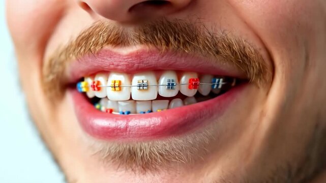 Smiling caucasian young man with colorful braces showing healthy teeth