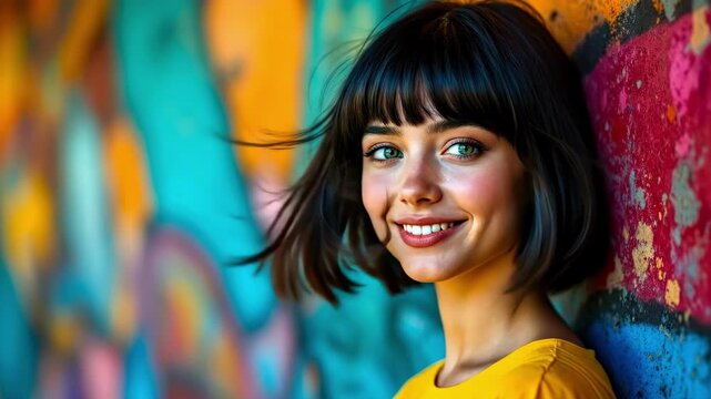 Young caucasian woman with short hair against vibrant graffiti wall