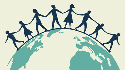 Silhouetted people holding hands standing on top of a globe representing international cooperation and unity
