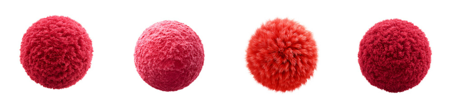Red Pom Pom Set: Fluffy Decoration, Isolated on White Background