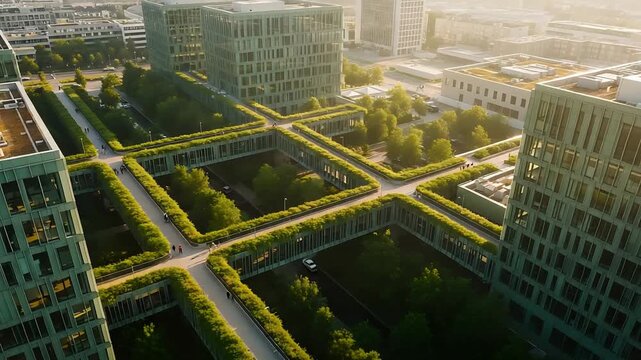 Modern green city office buildings with skywalks aerial cityscape view