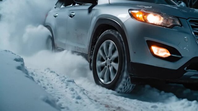 An unrecognizable SUV drives through heavy snow at night, demonstrating its traction and power. A close-up of the snow flies as the wheels spin on the icy surface