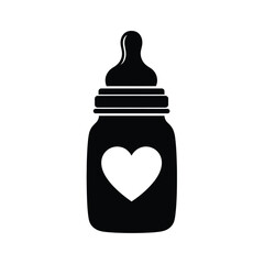 Black baby bottle with white heart silhouette vector