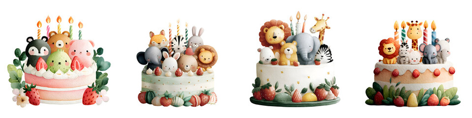 Obraz premium Watercolor animal birthday cake with candles and strawberries, set on transparent background