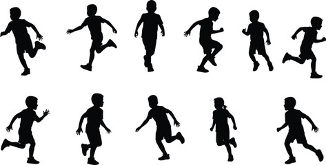 Silhouettes of running children in motion, ideal for playground designs, fitness posters, educational materials, and sports-themed illustrations.