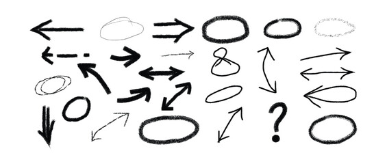 Collection of handdrawn arrows, circles, question marks, and other doodle elements isolated on a