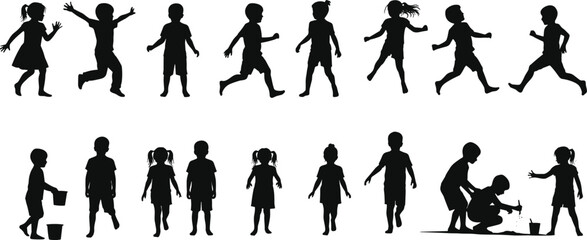 Naklejka premium Silhouette of children playing, walking, running, and standing together, perfect for education, family, childhood concept, and vector illustration.