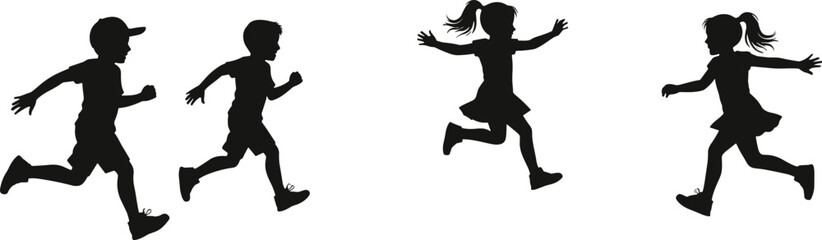 Silhouette of happy children running and playing outdoors, perfect for school poster, playground design, family concept, and vector illustration.