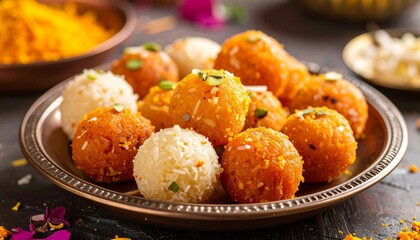 Plate of laddu, laddu or laddoo a popular traditional Indian sweet treats made during festivals and religious ceremonies.