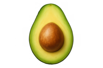 Fresh green avocado half with seed isolated on transparent background illustrating healthy eating and natural food