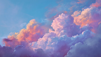 A mesmerizing view of fluffy clouds painted across a bright sky, clouds glow with soft hues of pink and purple