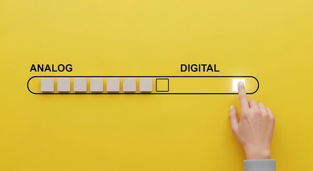 Hand pressing a button on a progress bar moving from analog to digital on a yellow background