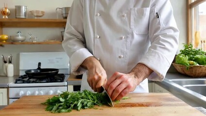 A chef in a white uniform meticulously chops fresh green herbs on a wooden cutting board in a bright kitchen. - Powered by Adobe