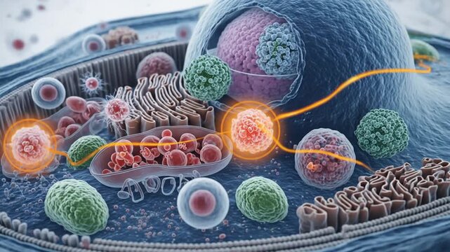 Detailed illustration of a cell with various organelles and structures highlighted.
